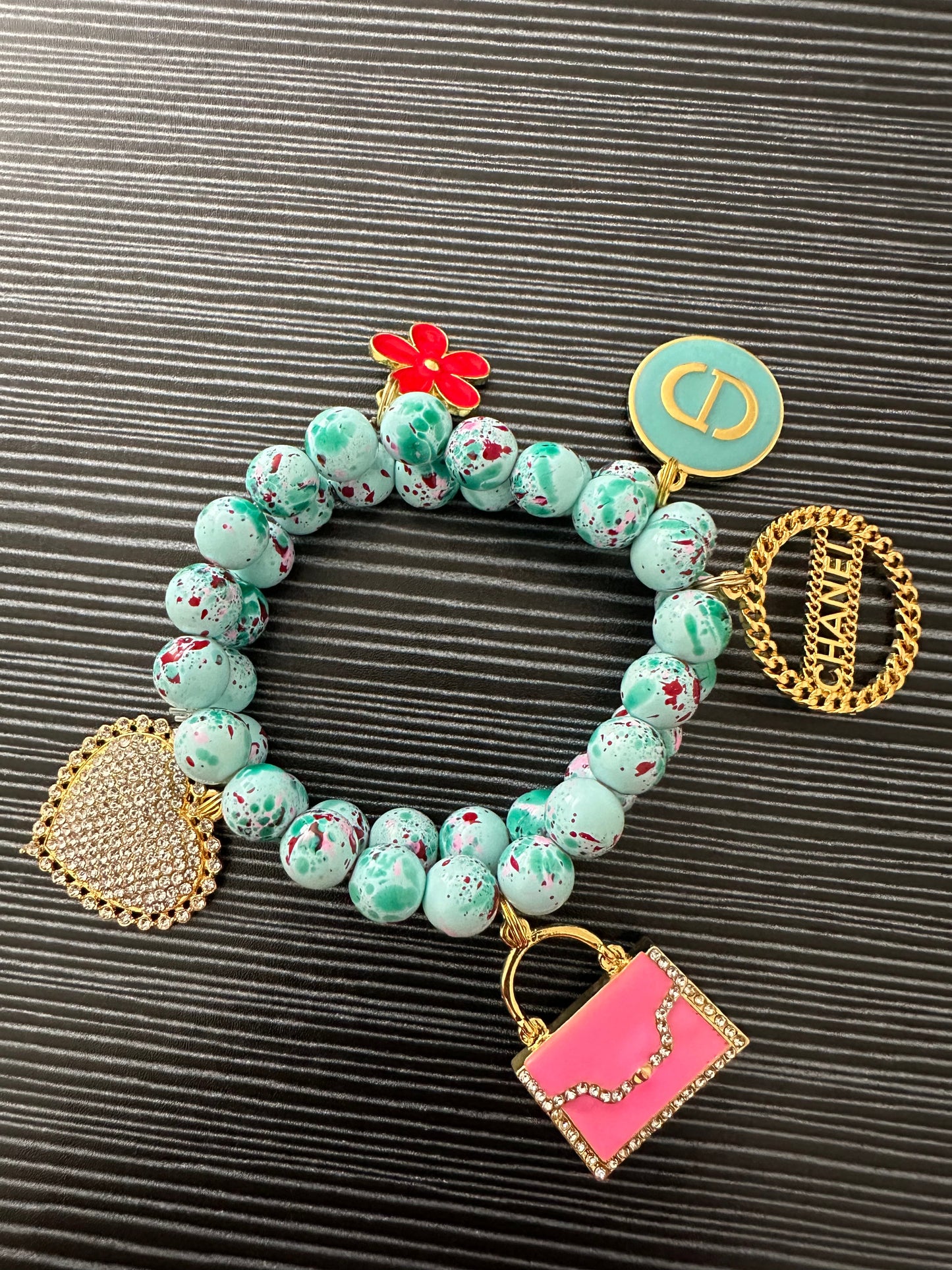 2-Piece Teal Paint Splatter Beaded Bracelet Set