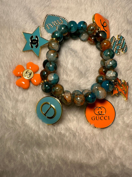 Teal/Orange Crackled 2-Piece Beaded Bracelet Set