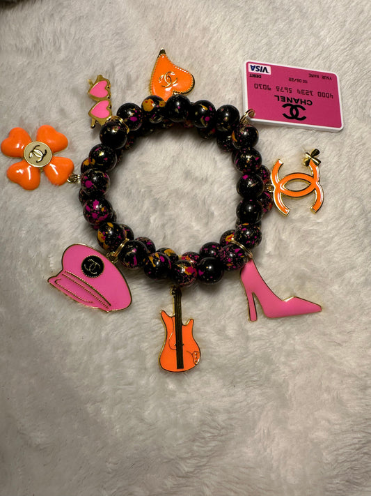 Pink/Orange/Black 2-Piece Beaded Bracelet Set